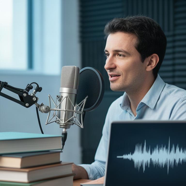 University researcher speaking into a studio microphone beside academic books and a laptop displaying audio waveforms