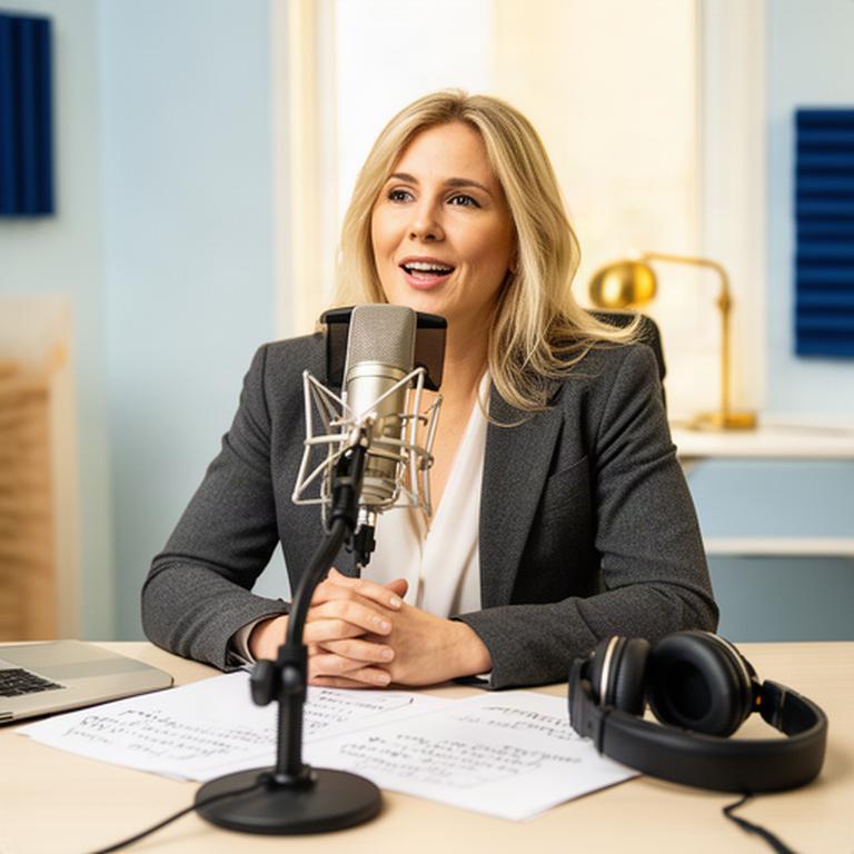 Business coach speaking into a microphone in a bright home studio with notes and headphones nearby