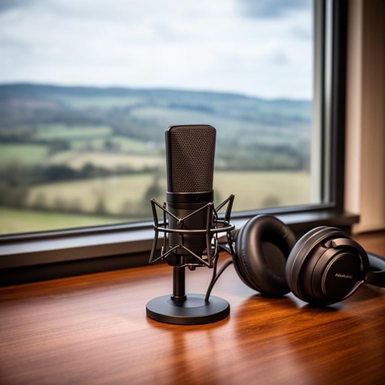 Studio microphone on a wooden desk beside headphones, with a soft Surrey hillside visible through a window