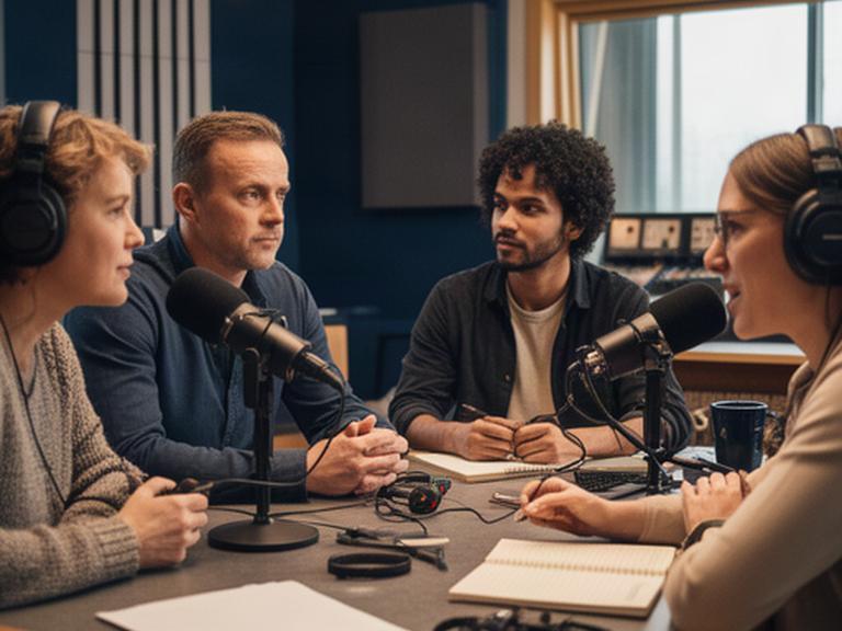 Small podcast production team reviewing audio notes around a desk in a Mole Valley studio
