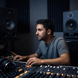 Nizakat Karpyak, senior sound designer, working at a mixing desk with studio monitors