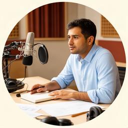 Shahrin Strouts, client partner, reviewing a podcast production plan at a studio table